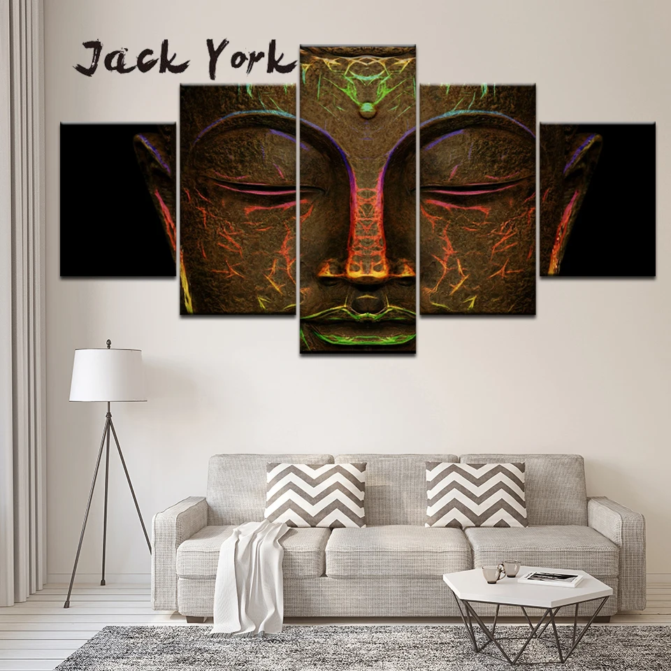 Canvas Painting glowing light bronze statue of buddha's face 5 Pieces Wall Art Painting Modular Wallpapers Poster Print Decor