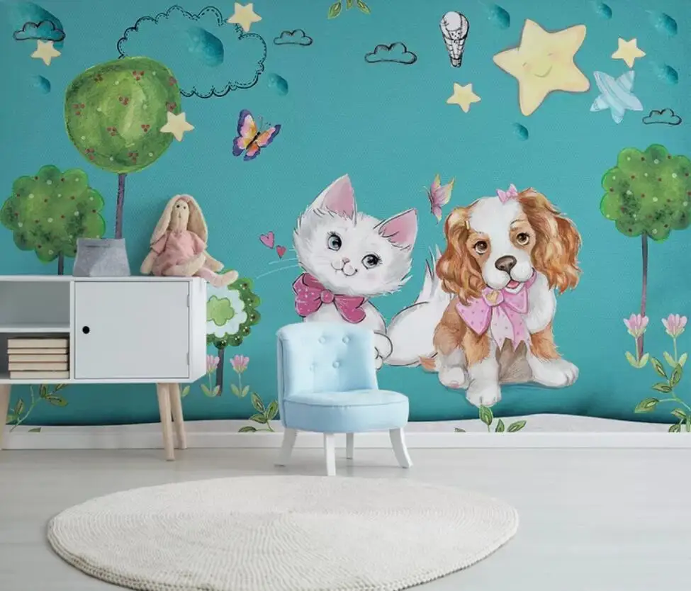 

Modern simple cartoon hand-painted pet dog cat children room background wall decoration wallpaper murals