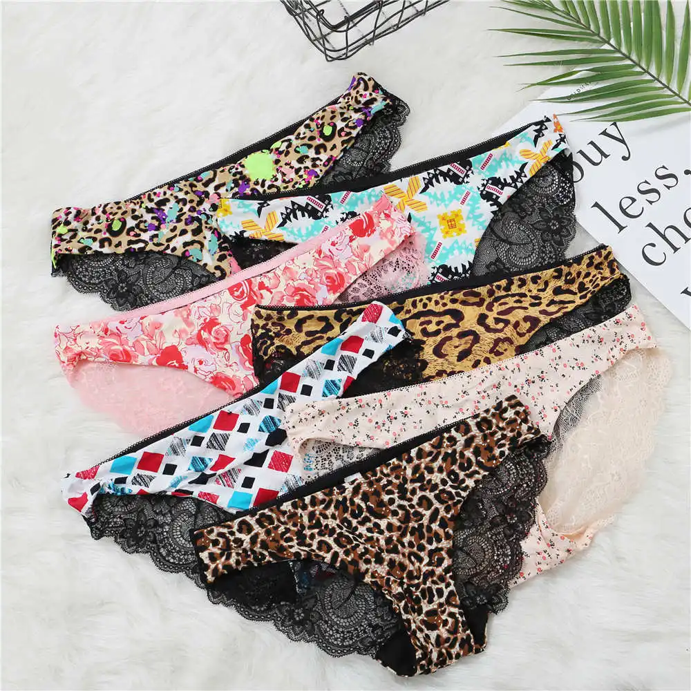 Fashion Women\'s Sexy Lace Panties Seamless Underwear Leopard Ice Silk for Girl Bikini Cotton Crotch Transparent Lingerie