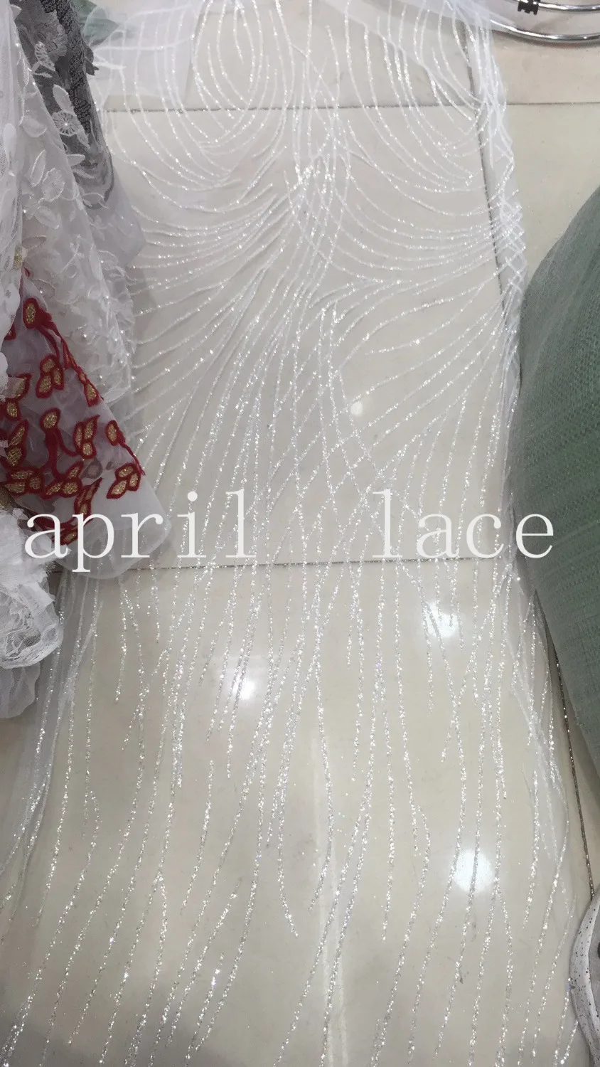 

stock 5 yards new bzh035 # crystal white curve glued glitter mesh tulle lace fabric for sawing bridal wedding dress