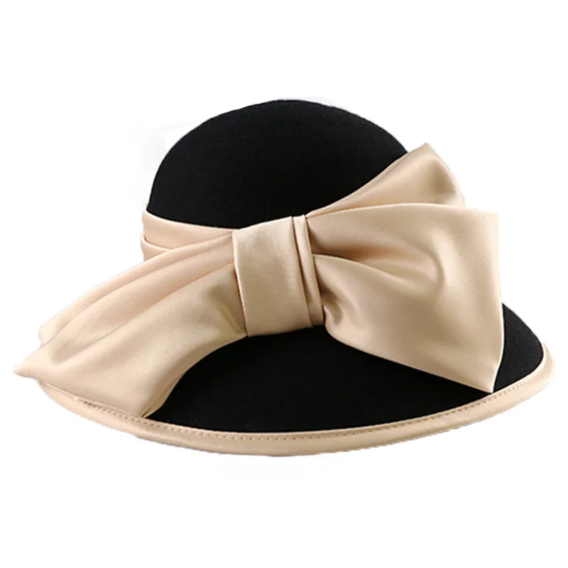 FS Vintage Black Women Winter Fedora 100% Australian Wool Cloche Hats Female Wide Brim Felt Hat Ladies Bowknot For Church Caps