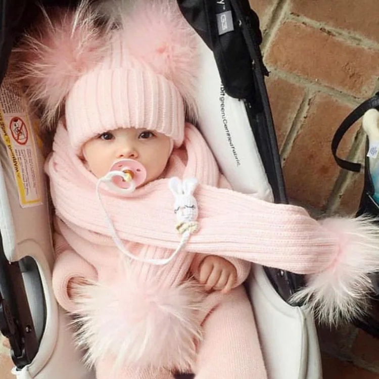 Fur Hat Scarf Set Girls Boys Autumn Thick Warm Baby Cute Children Pompon Cap Scarf Real Raccoon Fur Pompom Set Hat Scarf Kids