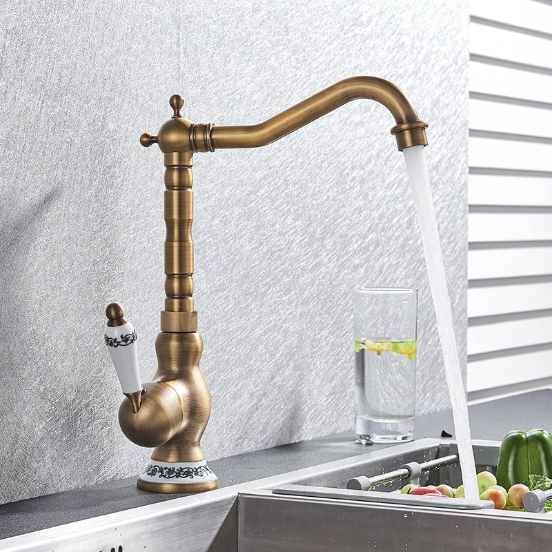 Bath Kitchen Sink Faucets Antique Brass Single Handle Kitchen Basin Faucets Deck Mounted Hot&Cold Water Mixer Basin sink Taps