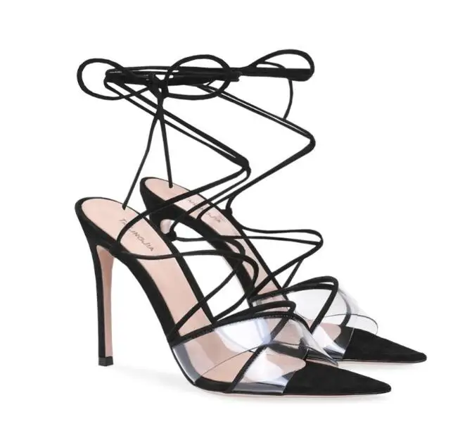 Sexy High Heel Black Strappy Women Clear Sandals Ladies Heeled Summer Pointed Toe Transparent Shoes Stiletto Heels Ankle Wrap