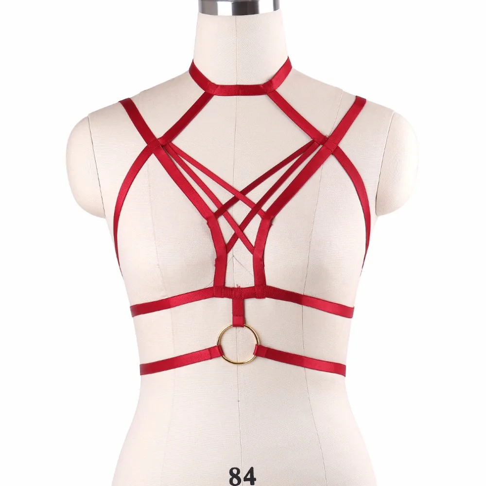 

Womens Exotic Body Harness Belt Sexy Fetish Wine Red Bondage Harness Lingerie Cosplay Wear Strappy Cupless Cage Bralette DO0584