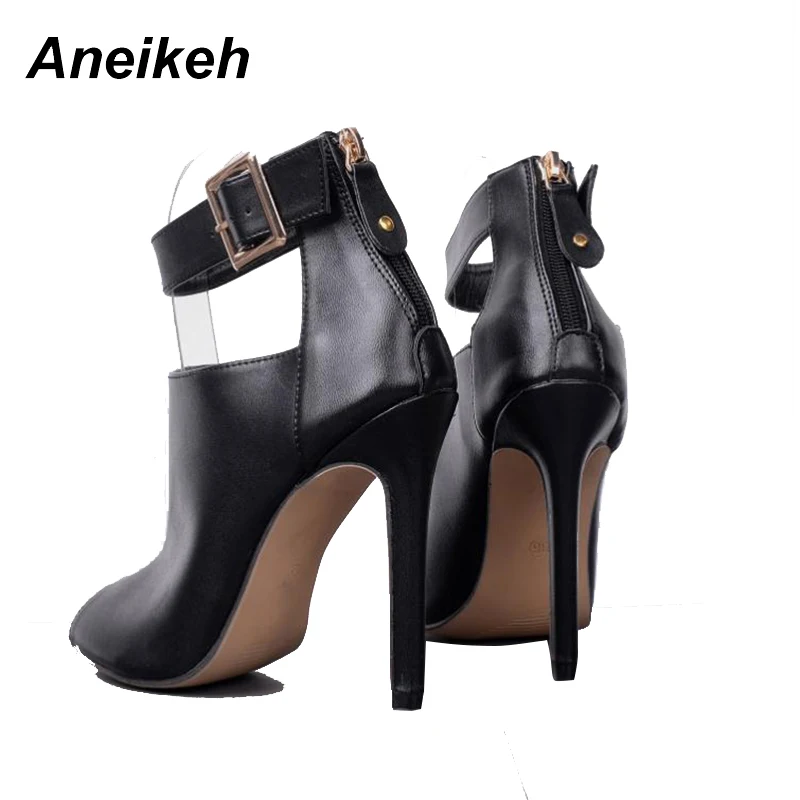 Aneikeh 2024 Summer Fashion Sexy PU Peep Toe High Heels Women\'s Cover Heel Metal Button Thin Heel Sandals Party Dress Zapatos