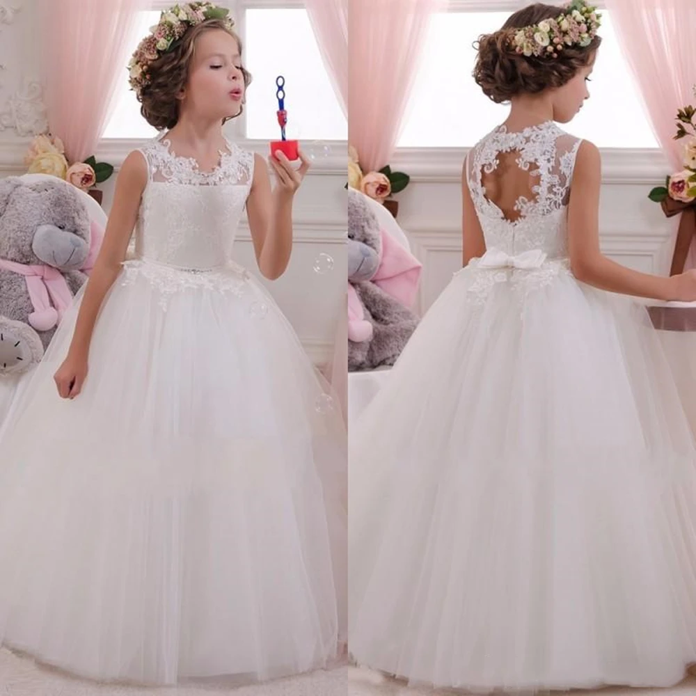 Vestido frente única de princesa, vestido de primeira comunhão para meninas, sem mangas, de tule, para desfile, primeira comunhão, 2021