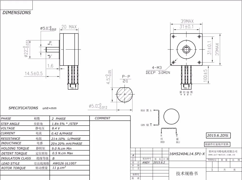 Free Ship From Germany!ACT 5PCS Nema16 Stepper Motor 16HS2404L14.5P1-X 2Phase 900g-cm 0.42A 4-Lead CE ROHS ISO Mini CNC Router