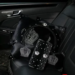 1pc Black Plush Fur Diamond Crystal Crown Series Car Seat Inerior Accessories Auto Steering Wheel Covers Headrest Seatbelt Cover