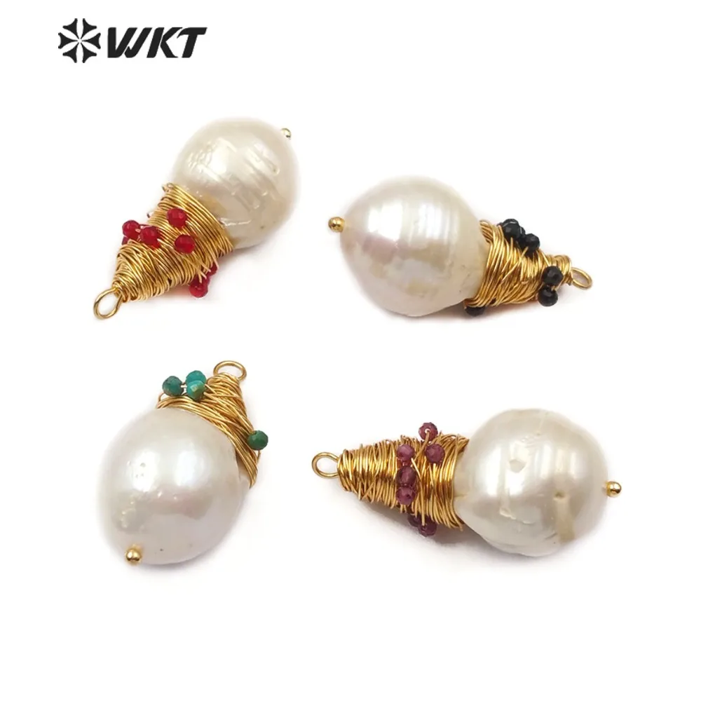 

WT-JP132 Baroque Pearl Pendant Teardrop Shape White Pearl With Brass Wire Wrapped Pendant Tiny Gem-stones Charm Necklace Pendant