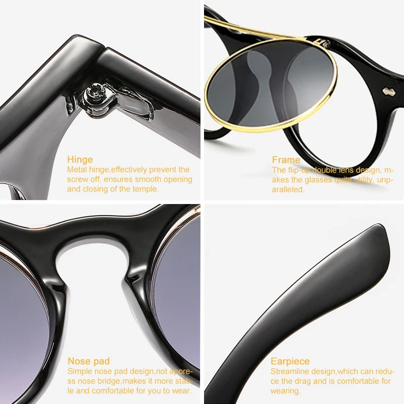 Fashion Round Steampunk Flip Up Sunglasses Men Women Vintage Double Layer Lens Design Classic Sun Glasses Oculos De Sol UV400