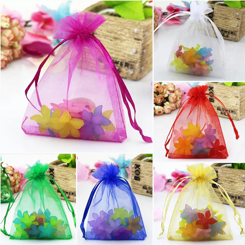 Bolsas Organza Drawstring para Embalagem de Jóias, Pequeno Relógio, Saco De Presente De Doces, Casamento e Natal, 50 Pçs/lote, 7x9 cm, 9x12 cm,