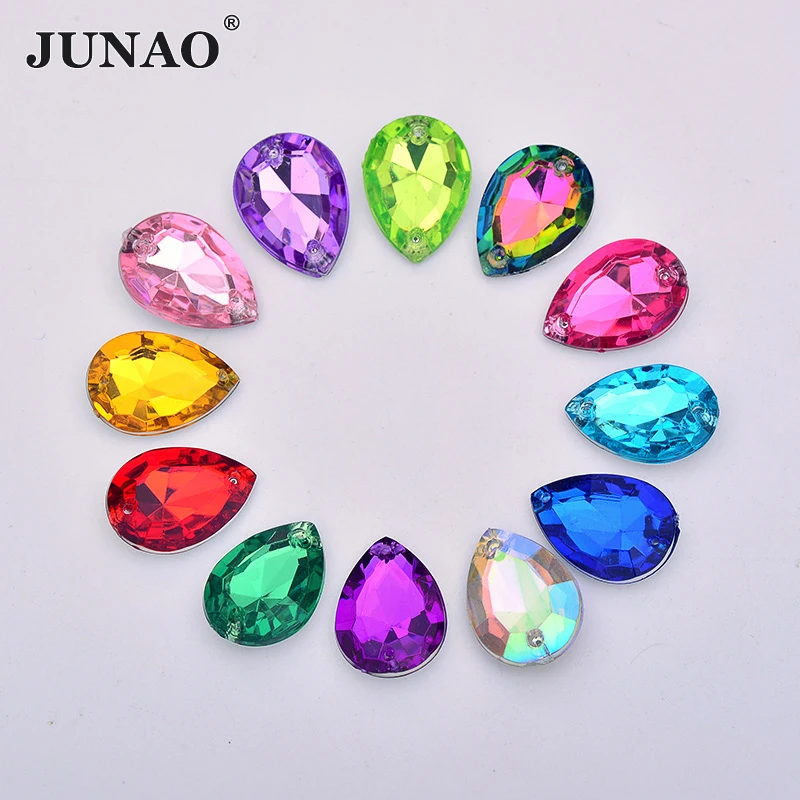 JUNAO 18*25mm 100pcs Sew On Mix Color AB Crystals Drop Rhinestone Applique Pointback Large Acrylic Gems Crystal Stones for Dress