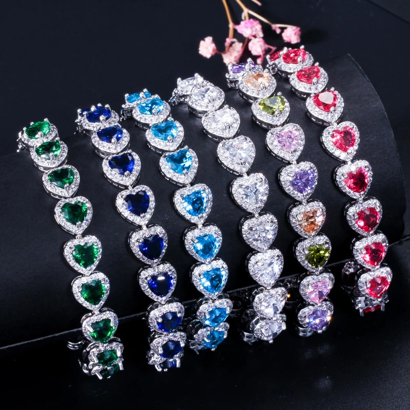 BeaQueen Charming Love Heart Cut Ladies Multicolored CZ Zirconia Tennis Bracelets Colorful Wedding Jewelry Accessories B045