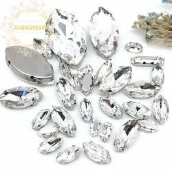 Silver Claw Setting 30pcs/Bag White Horse eye Shapes Mix Clear Gass Crystal Sew On Rhinestone Wedding Dress Shoes Bag Diy Trim