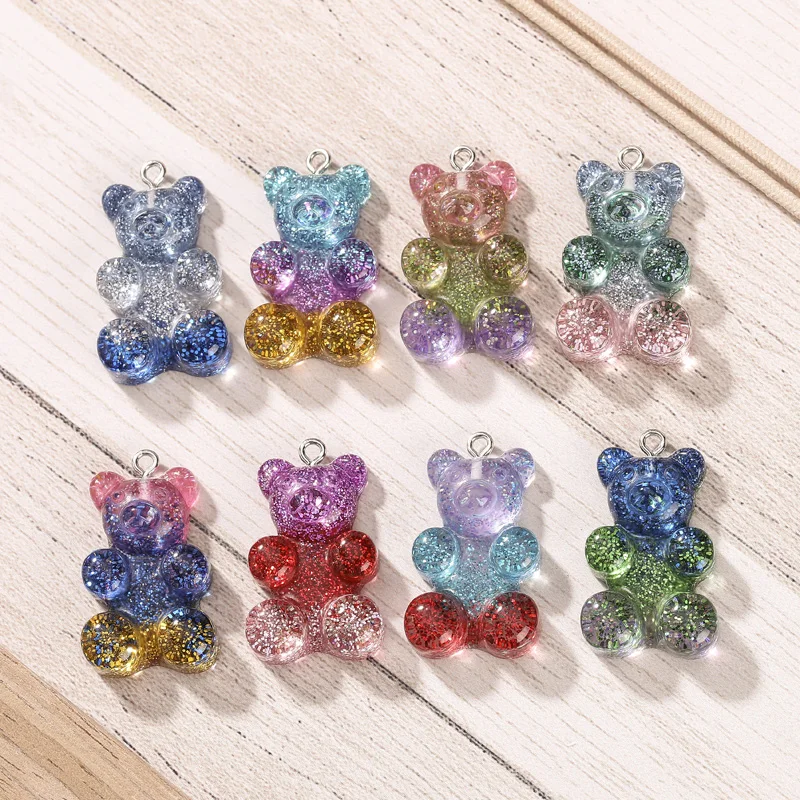 20pcs 20*30mm Bear Charms Flatback Resin Cabochons Glitter charms for Keychain Pendant Necklace DIY making