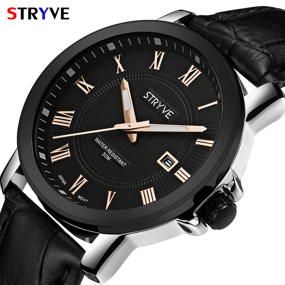 Original Brand Luxury Stryve Business Calendar Genuine Leather 30m Waterproof Male Fashion Quartz Mens Watches montre femme 2018