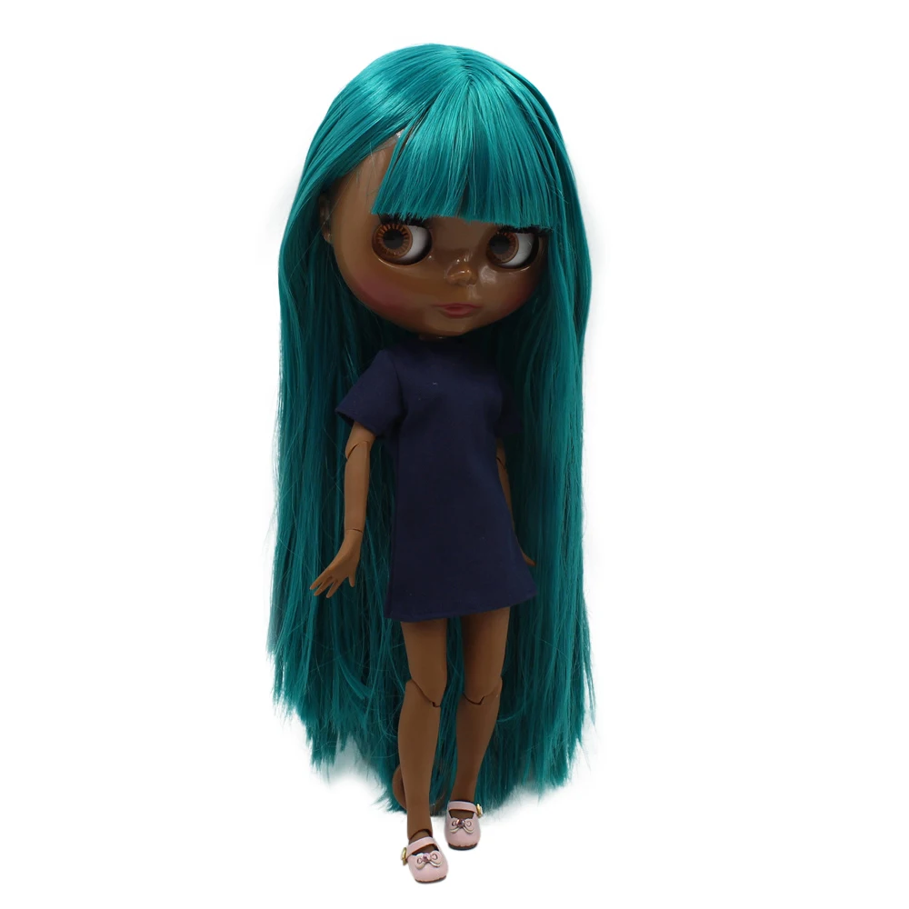 

ICY DBS Blyth doll super black skin tone darkest skin black New green wild straight hair nude joint body BL1465