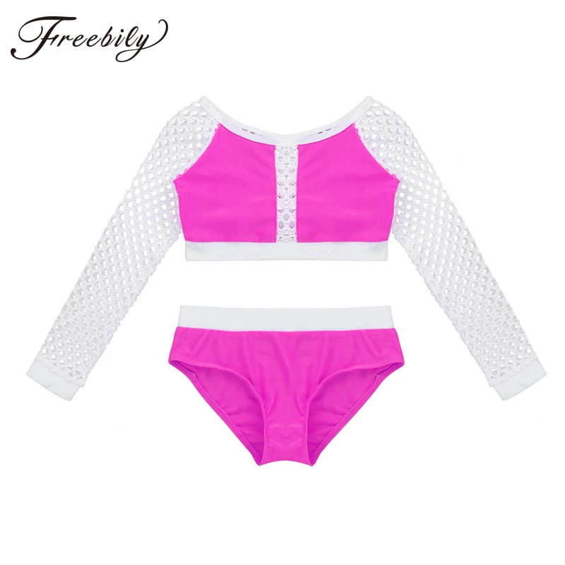 Kids Teens Two-piece Dance Costume Set Girls Long Fishnet Sleeve Crop Top with Briefs Dance Wear Stage Gymnastics Ballet Leotard