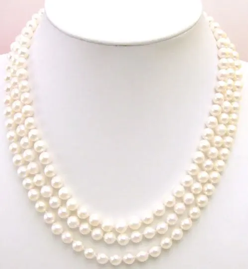 AAA 6-7mm natural Saltwater Round Pearl 3 Strings necklace Sterling Silver S925 clasp-5229 Wholesale/retail Free shipping