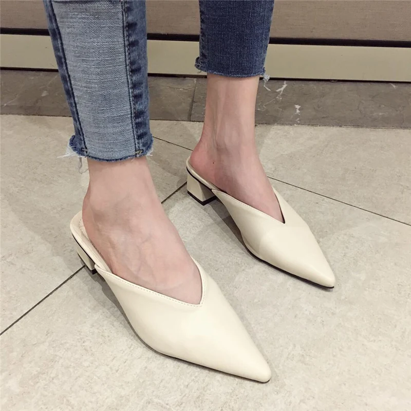 2021 Summer Elegant Women Nude Beige Pointed Toe Slipper Mules Block Low 5cm High Heels Luxury Brand Outsides Beach Slides Shoes