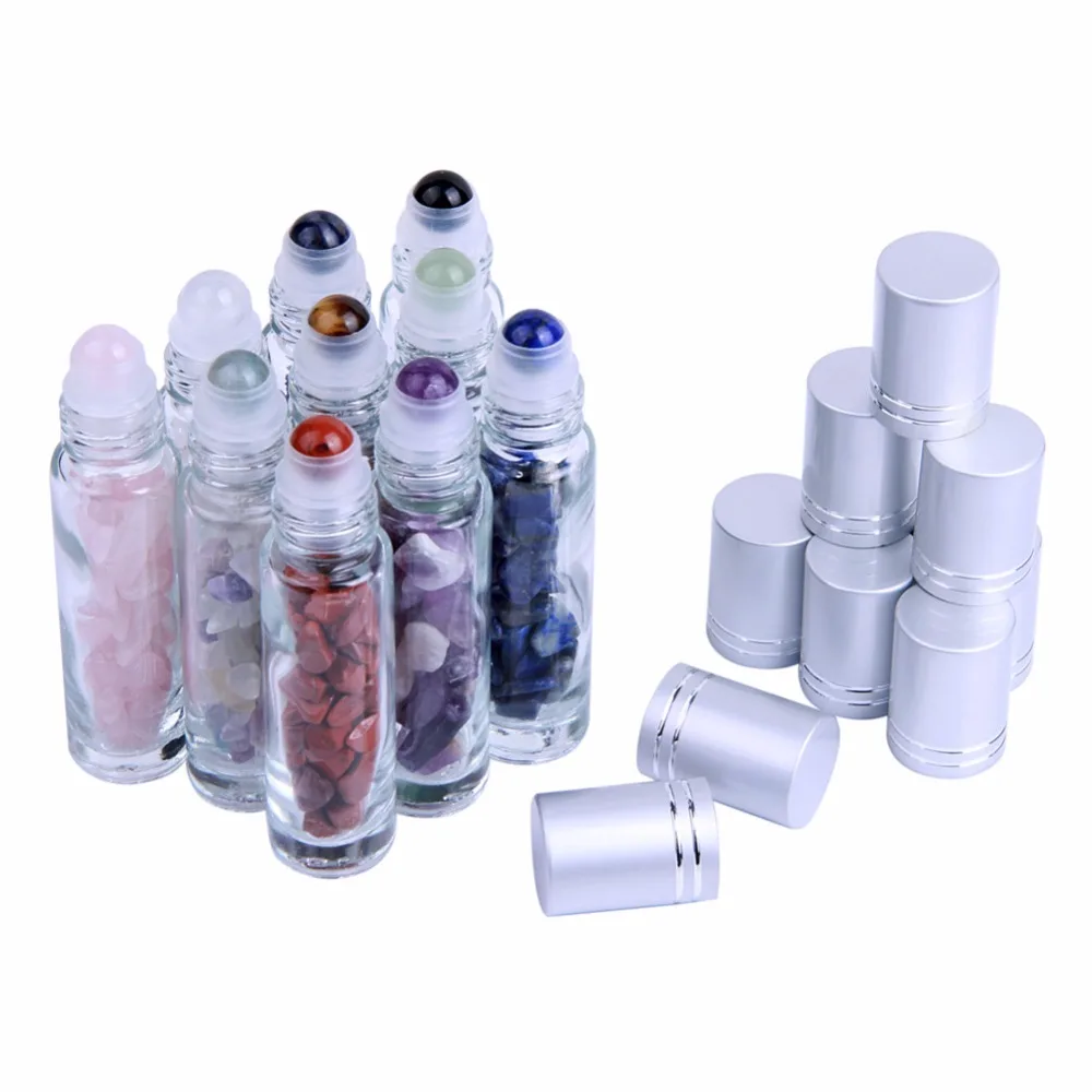 10pcs Natural Semiprecious Stones Essential Oil Gemstone Roller Ball Bottles Transparent Glass 10ml Healing Crystal Chips Inside