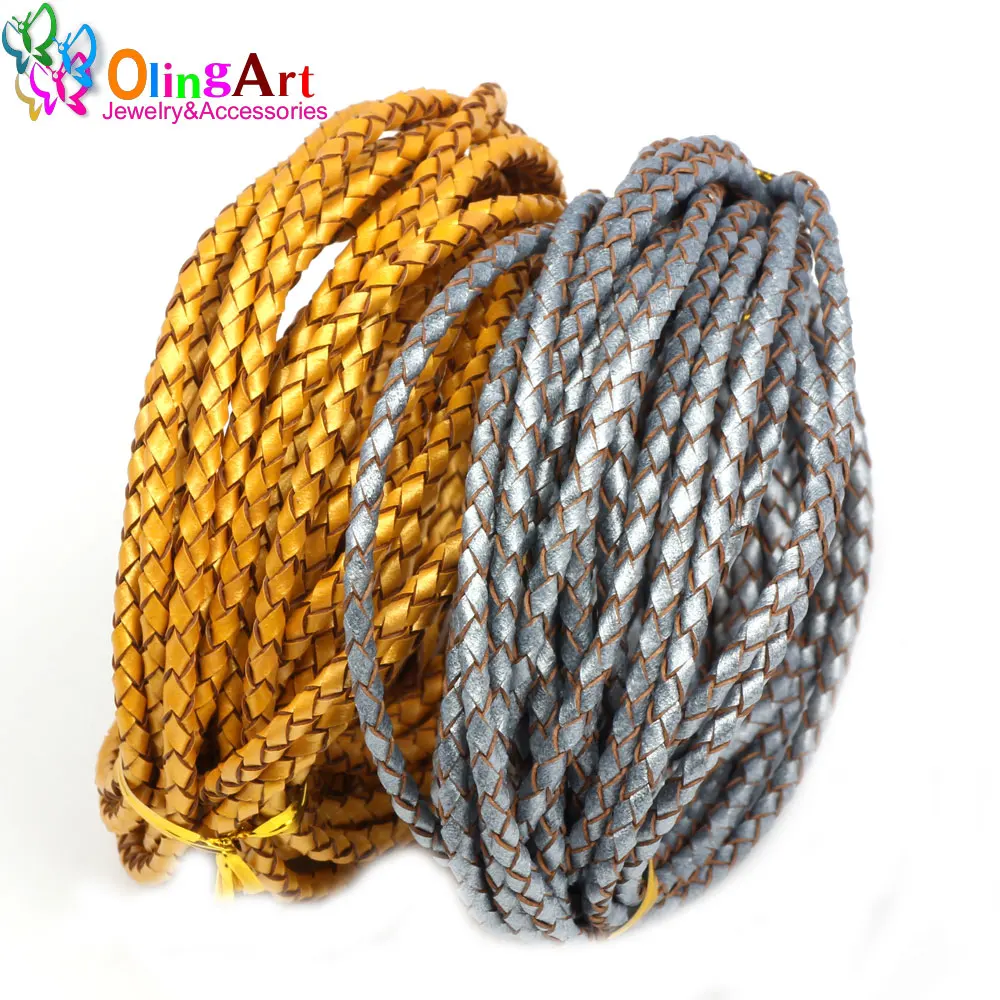 OlingArt 3mm 2Yard Gold/Silver Round Genuine Braided Leather Cord women earrings Bracelet necklace wire DIY jewelry making New