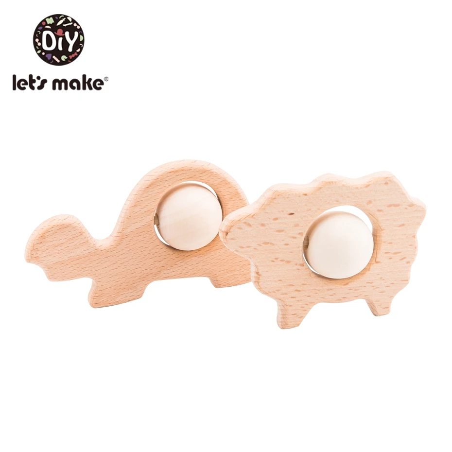 Let's Make 5pc Wooden Teether Natural Beech Wood Teething Toy Soft Infant Crib Bed Stroller Toys Baby Gift Diy Pendant