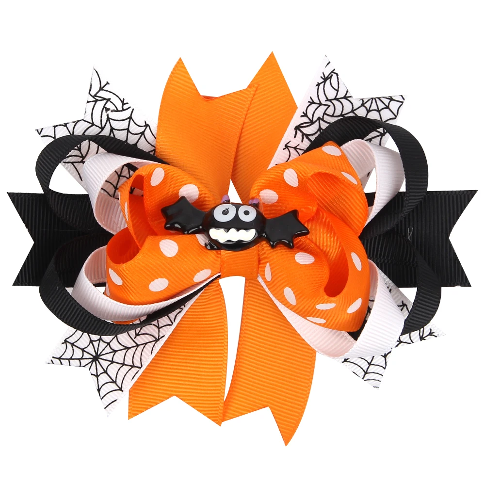 

Halloween spider web dots printed grosgrain ribbon swallow tail layers bow with cute crab accessories