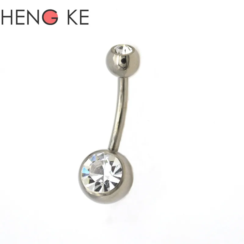 New G23 Titanium Belly Bar 10mm 12mm Navel Rings Curved 14G Crystal Double Clear Stone Gem Fashion Body Piercing Jewelry