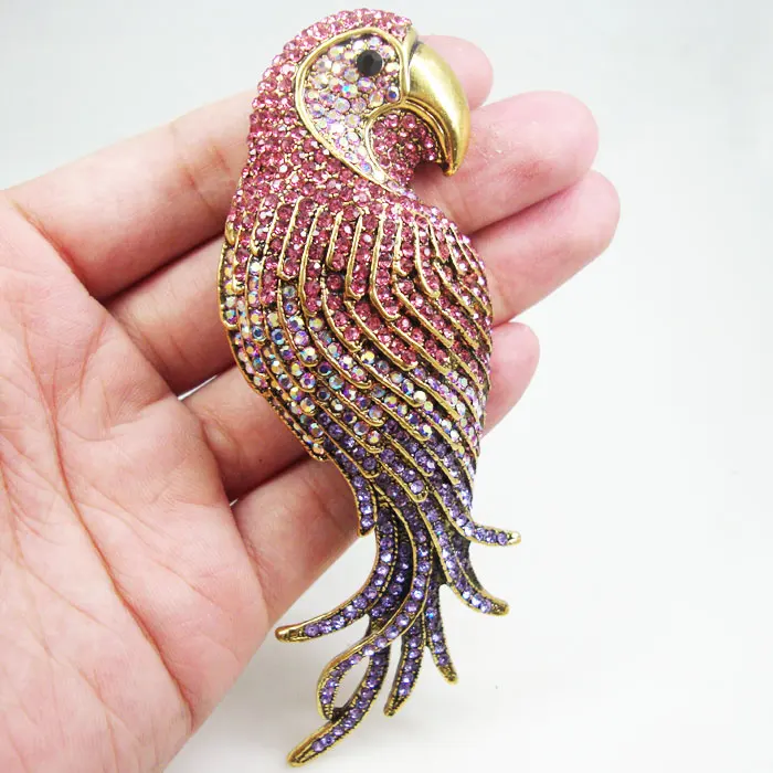 TTjewelry Vintage fashion luxury animal bird parrot  pink crystal rhinestone brooch pin pendant beautiful girl gifts