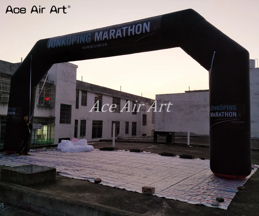 Full black 9m W x 4.5m H Sport archway inflatable arch with 6  logos and removable START FINISH Banner For marathon