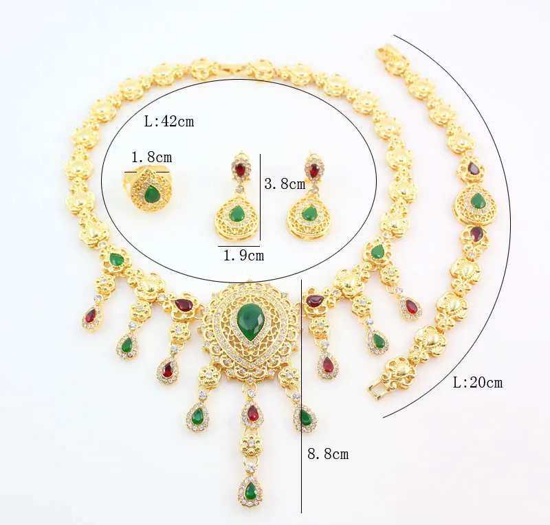 Fashion African Beads Red/Green Gem Stone Rhinestone Costume Fine Jewelry Sets  Gold color Crystal Women Wedding Party Set