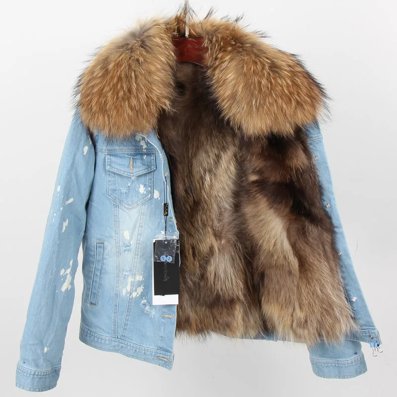 Maomaokong 2023 New Natural Raccoon Fur Detachable Lining Real Fur Collar Denim Jacket Woman's Hole Cowboy Short Coat