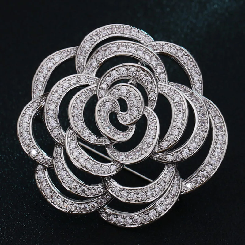 

Classic Women's Wedding Cubic Zircon Flower Brooches Jewelry Fine Bridal Brand Accessory Women Copper Hijab Pins Bags Bijoux