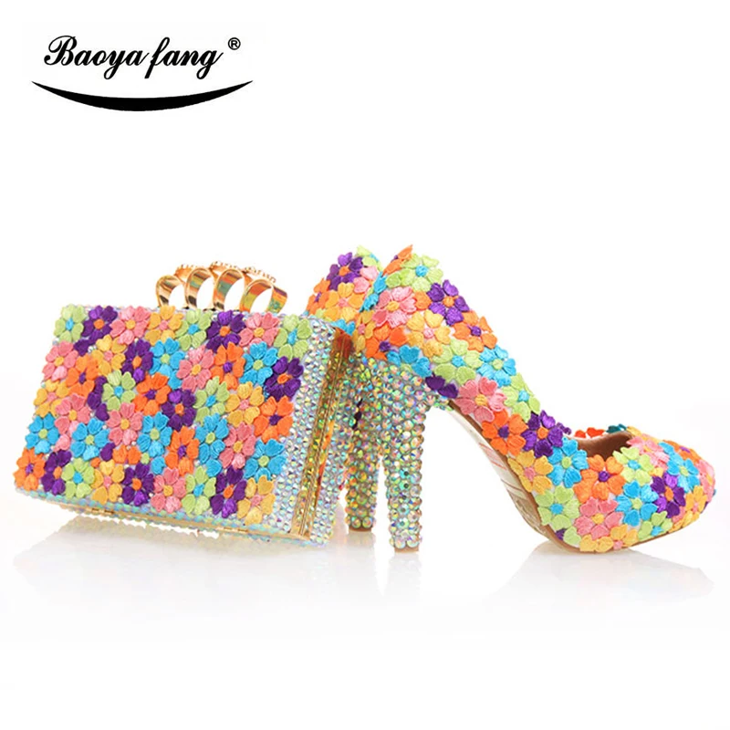 BaoYaFang Multicolor flower shining crystal womens platform wedding shoes with matching bags Clutches high heels female Pumps