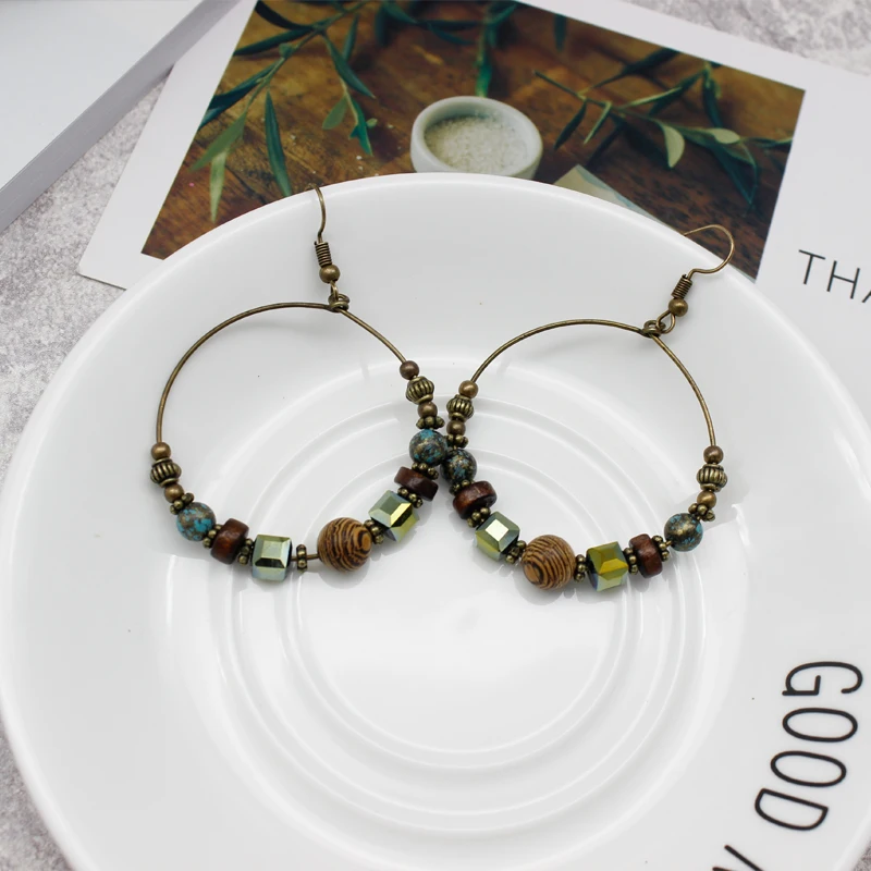 серьги женск Trendy Bohemian National Retro Irregular Circle Round Wooden Little Beads Classic Drop Earrings Holiday Jewelry New