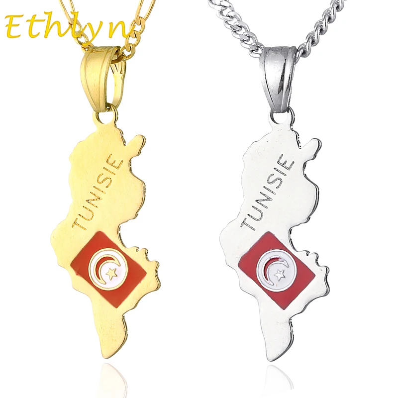 Ethlyn Unisex Tunisia Map pendant & necklace Gold Color  /white gold  country map Tunisians /Tunisienne jewelry P6