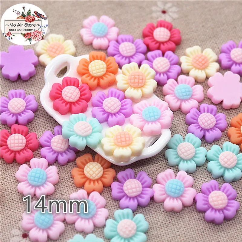 50pcs 14mm Mixed Color cute five-petaled flowers resin flatback cabochon DIY jewelry/phone Charm decoration No Hole