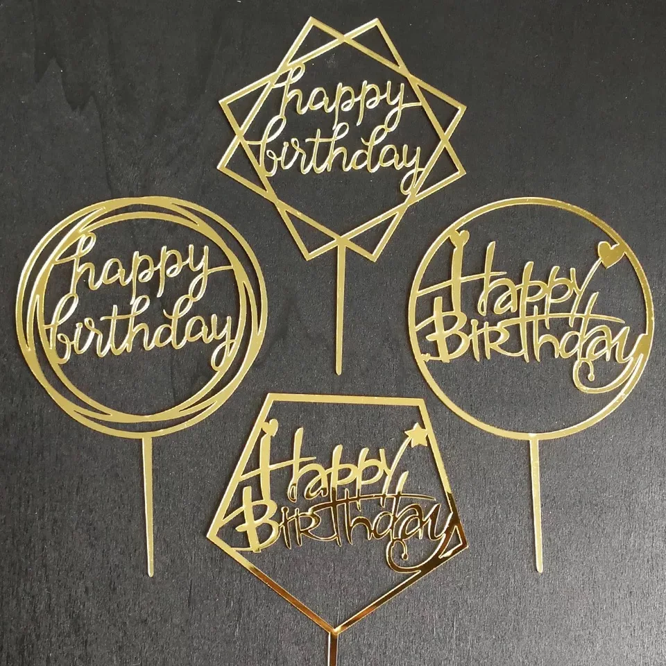 

free shipping 20 pcs Happy birthday Mirror Gold Acrylic Cake Topper birthday party cake decoration