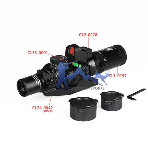 Canis Latrans 1-4x24 IRF Rifle Scope + 2MOA 1X Mini Red Dot Sight+Riflescope Bubble Level+30MM Double Scope Mount OS1-0292