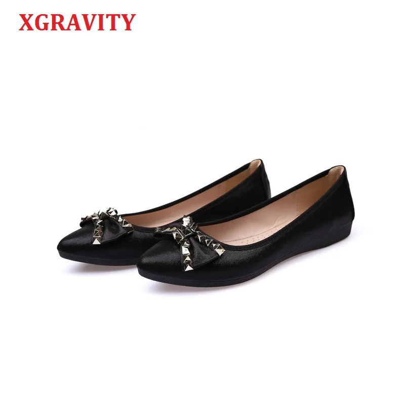 

XGRAVITY Plus Size Student Pointed Toe Women Flat Shoes Elegant Fashion Spring Woman Flats Rivets Bow-knot Female Shoes A138