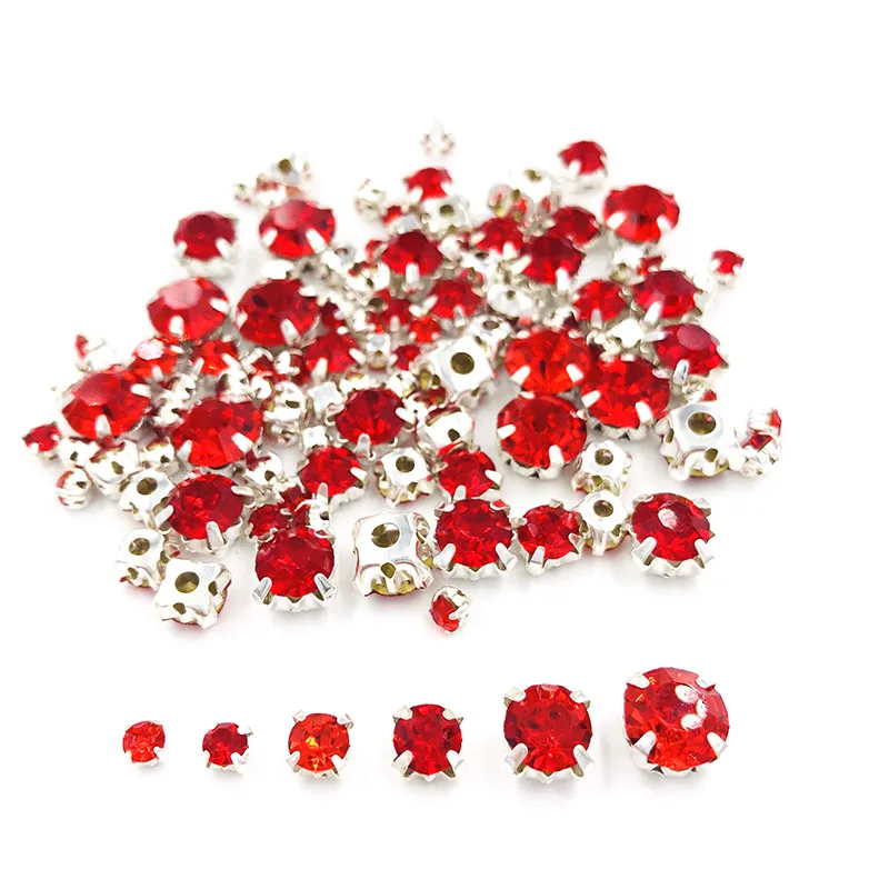 Free shipping Hot sale strass 100pcs/pack Mixed size Red glass crystal sliver base sew on rhinestones diy clothing accessories