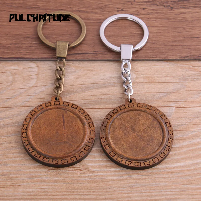 2pcs 30mm 4 Style Round Wood Cabochon Settings Metal Keyring Accessories Diy Blank Wooden Base Trays For Key Chain