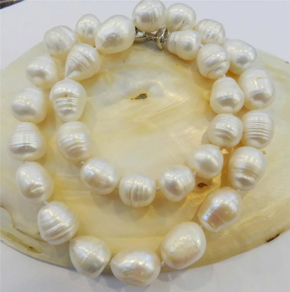 

BIG RICE SHAPE 12-13MM WHITE REAL NATURAL PEARL NECKLACE 18" AAA