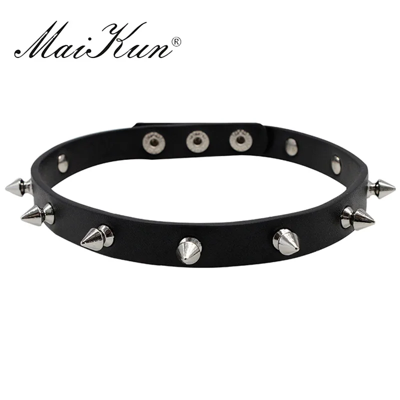 Maikun Harajuku Gothic Cuspidal Spikes Rivet Black Leather Necklaces & Choker Halloween Punk Thin Necklace Women Jewelry