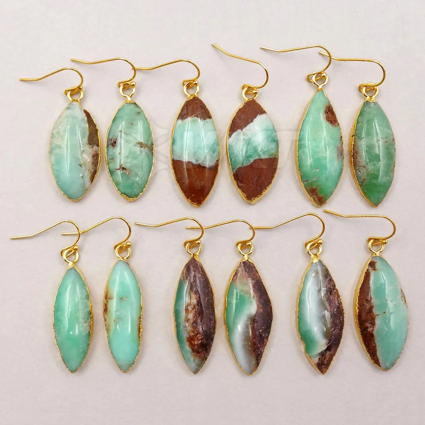 

WT-E342 Wholesale Custom Natural Green Chrysoprase Earrings With Gold Trim Unique Leaves Stone For Trendy Jewelry Making