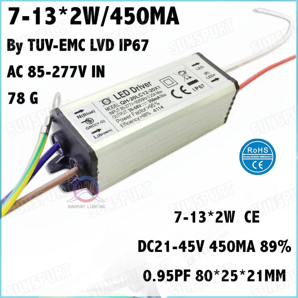 

5 Pcs CE IP67 High PF 20W AC85-277V LED Driver 7-13Cx2W 450mA DC21-45V Constant Current LED Power For Ceiling Lamp Free Shipping