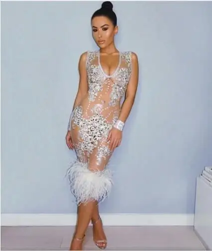 

Fashion Sparkly Perspective Feather Dress Sexy Flashing Birthday Party One-piece Costume Body Suits Celebrate Performance Wear