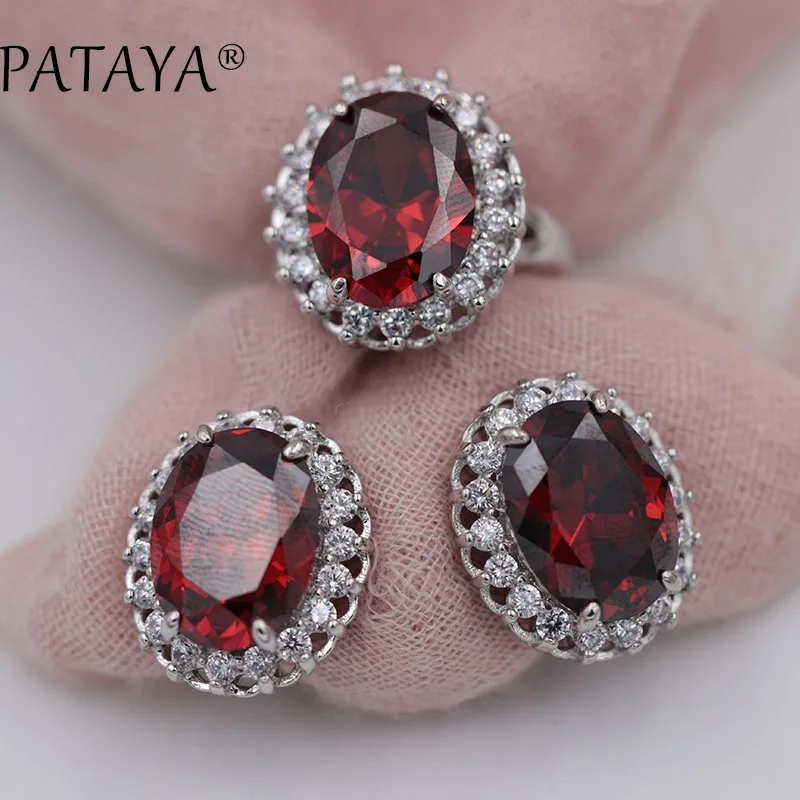 PATAYA New Arrivals Women Wedding Party Luxury Romantic Jewelry Set Accessories Oval Green Natural Zirconia Earrings Ring Sets